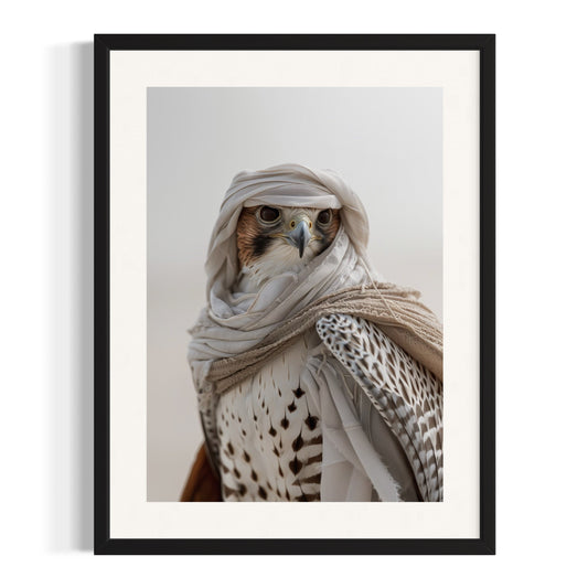 Majestic Falcon in Traditional Attire – Custom Framed Falcon Wall Art