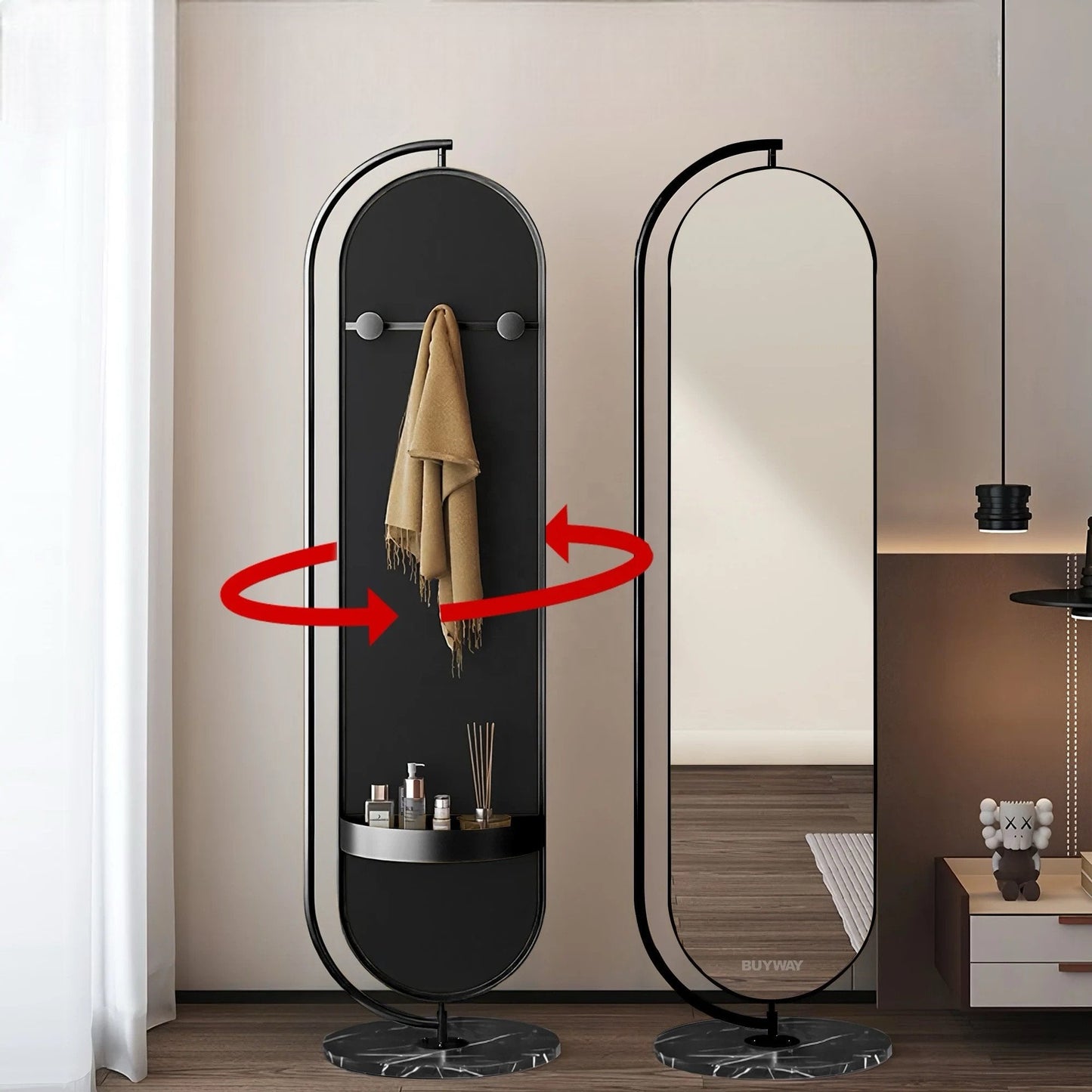 Black frame Oval floor hanger and rotatable Mirror