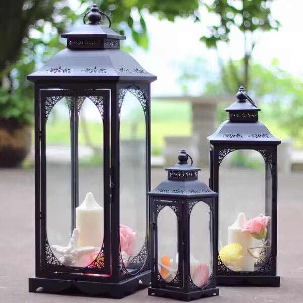 Black metal decorative lanterns set