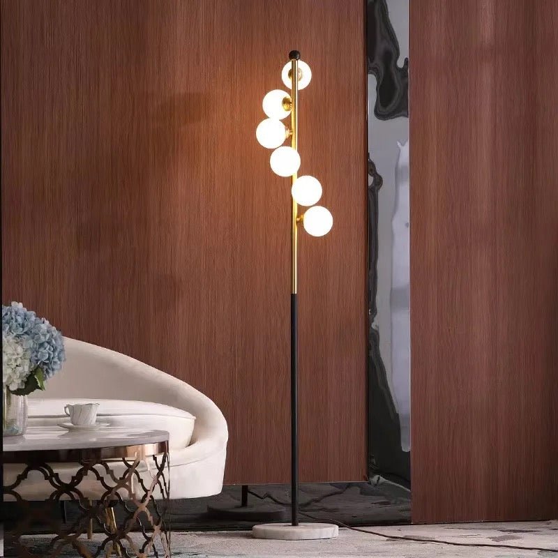 Opal Glass Ball Standing Floor Light with Spiral Design Modernist 6-Head Gold-Black Stand Up Lamp