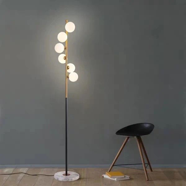 Opal Glass Ball Standing Floor Light with Spiral Design Modernist 6-Head Gold-Black Stand Up Lamp