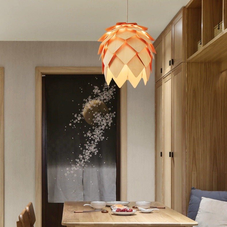 Wood pinecone pendant light