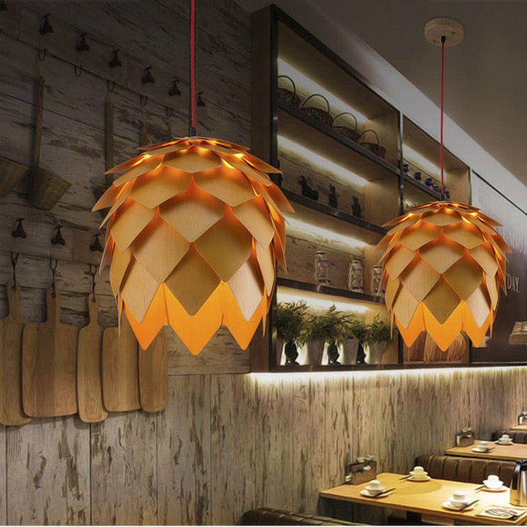 Wood pinecone pendant light