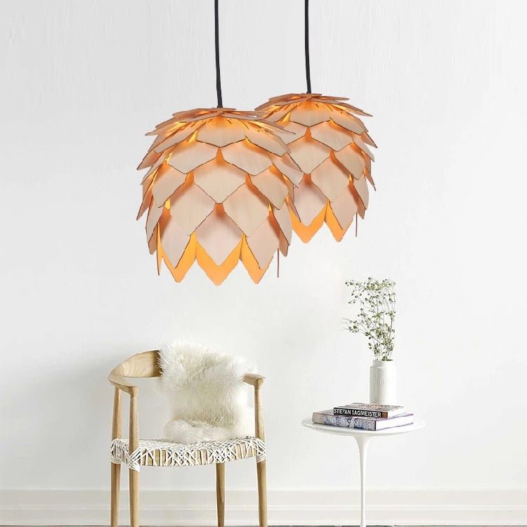 Wood pinecone pendant light