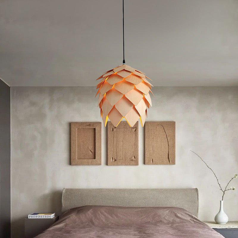 Wood pinecone pendant light