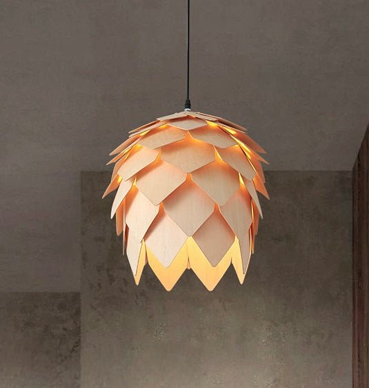 Wood pinecone pendant light